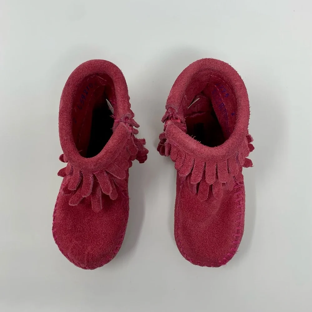 Minnetonka Baby Girls Hot Pink Suede Double Fringe Moccasin Boots Shoes Size 2